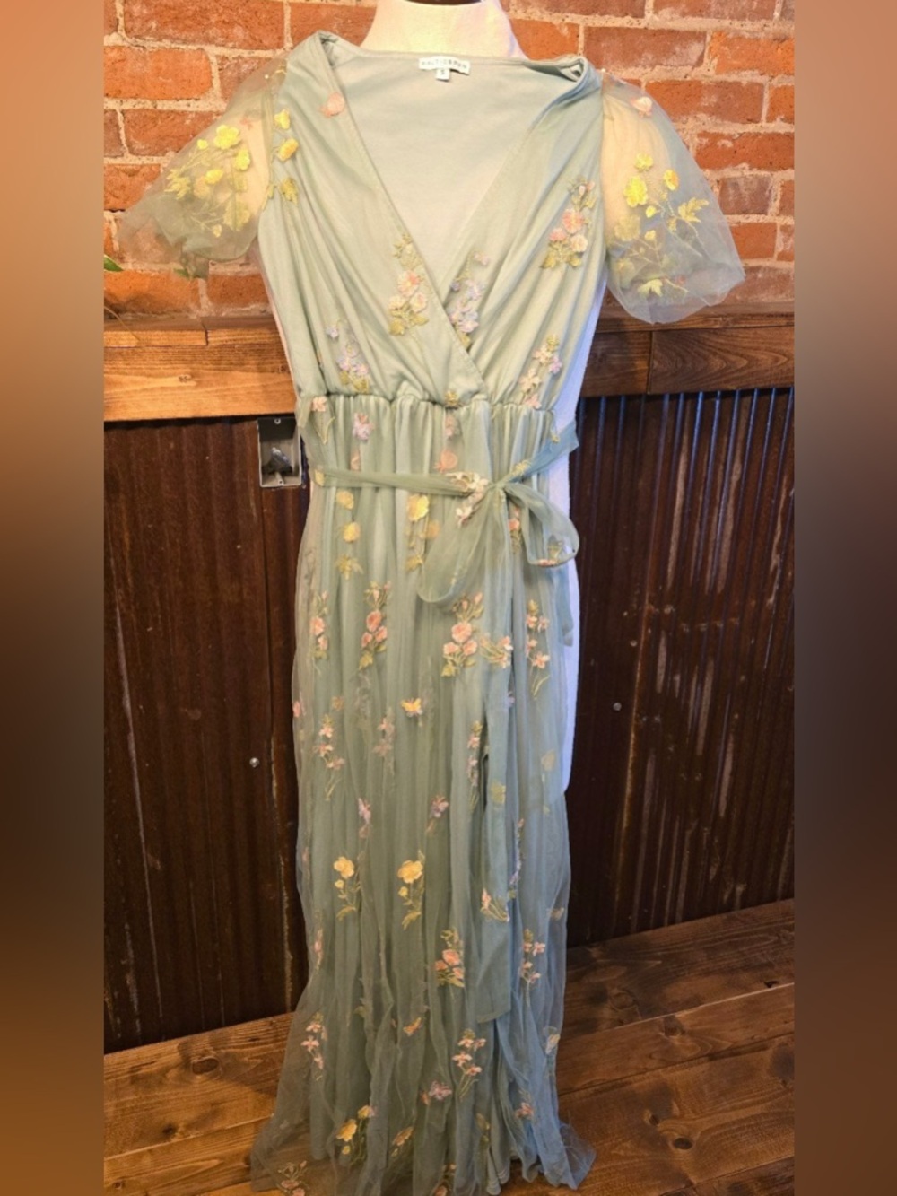 Baltic born Floral Embroidered Tulle Maxi Dress - Pale Sage